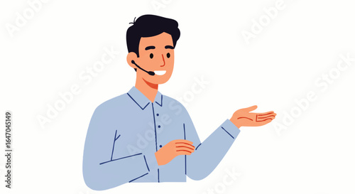 Friendly male customer support operator with a headset smiling and gesturing with an open palm.