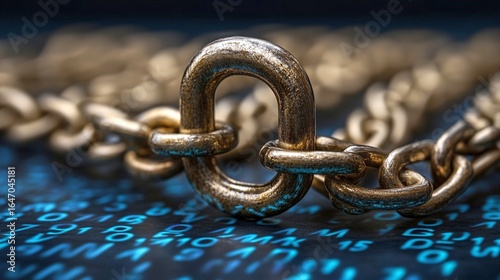 A close-up of a heavy chain link resting on a surface with binary code numbers