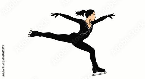 Graceful female figure skater in a black sparkling catsuit performing a dynamic pose.
