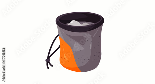 Grey and orange rock climbing chalk bag with a black drawstring, illustrated and filled with white chalk powder.