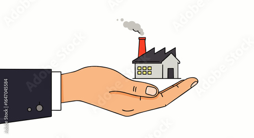 Hand holding a stylized factory with smoking chimney