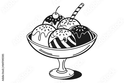 Ice Cream Dessert Bowl Toppings Sweet Monochrome Treat in White Background
