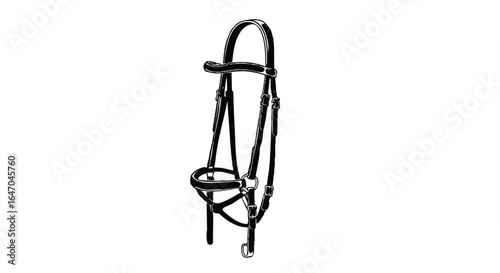 High-contrast black and white illustration of an English horse bridle with a grackle noseband.