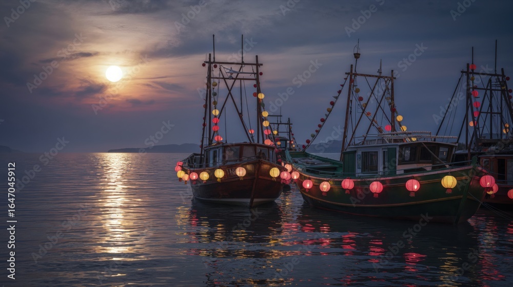 Fototapeta premium Colorful lanterns adorn fishing boats at sunset on tranquil water, Mid-Autumn Festival celebrate