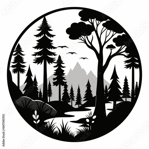 Forest Whisper vector clean black silhouette design white background