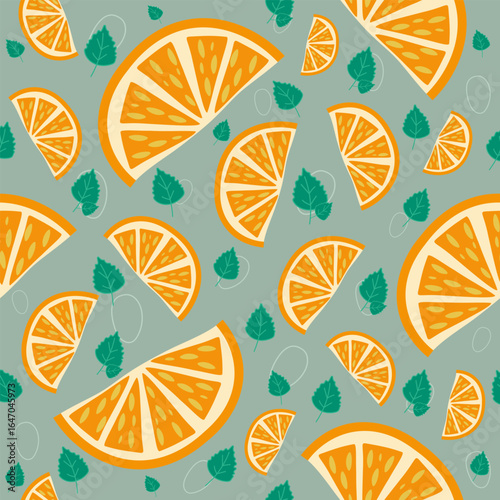 Citrus Orange Slice Seamless Pattern with Water Drops on Aqua Background