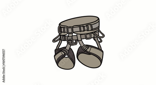 Illustrated grey rock climbing harness with adjustable straps, buckles, and gear loops.