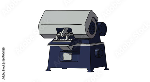 Illustrated industrial cutting machine with a blue base and grey protective housing.