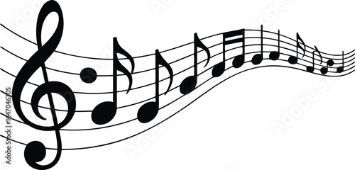 Elegant Musical Notes Flowing on Staff Lines Black and White Vector Illustration for Music Related Designs