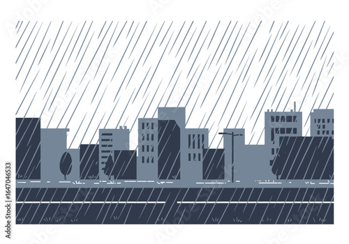 Stylized Cityscape Silhouette in Rain, Urban Scene