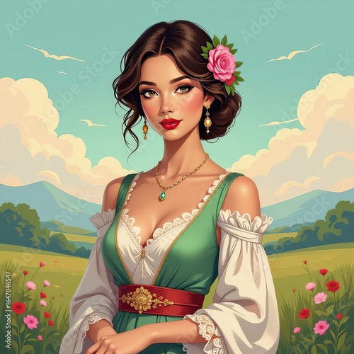 Beautiful girl in medieval dress on the meadow