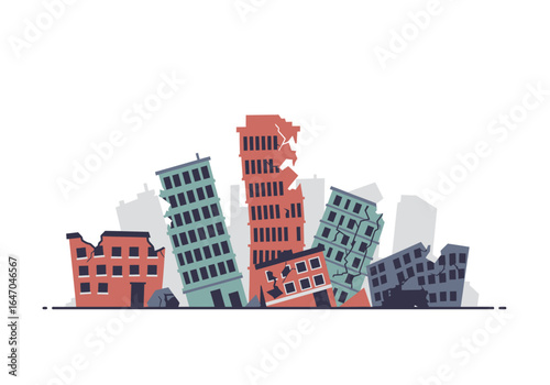Collapsed Buildings After Earthquake, Vector Illustration of Destruction