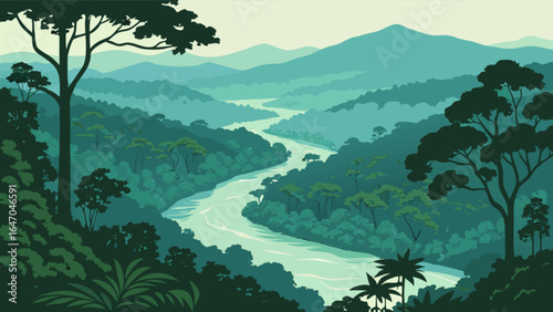 Stunning jungle river landscape illustration with lush green trees and mountains background scenery image