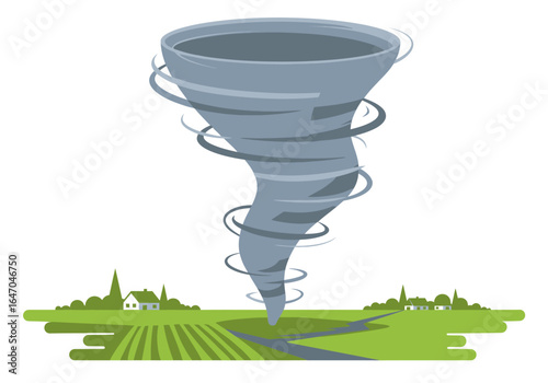 Cartoon Tornado Touching Down on Rural Landscape
