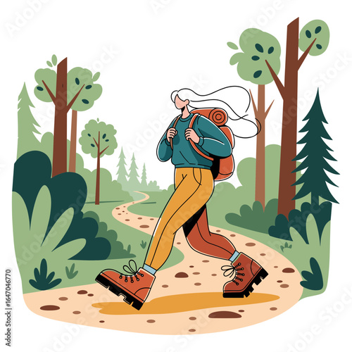 Woman hiking on a forest trail with trees and bushes surrounding her
