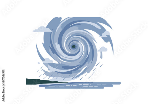 Stylized Hurricane Illustration with Rain and Coastal Land