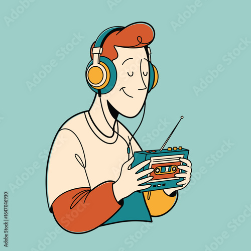 Stylish vector illustration of a young man with headphones listening to a retro portable cassette player