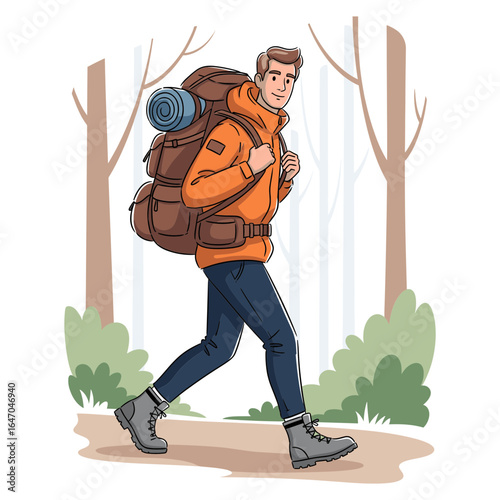 Young man hiking in the forest with a large backpack. Vector illustration of a smiling tourist on an outdoor adventure.