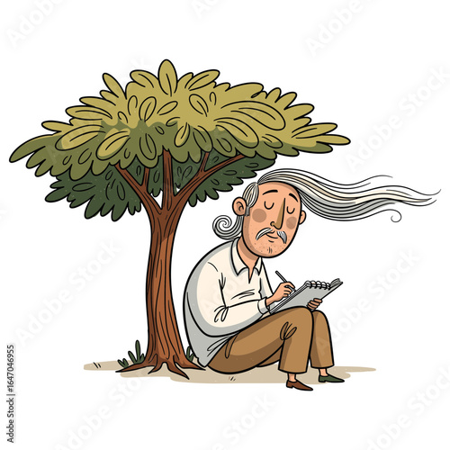 Wise elderly man with long flowing hair writing or sketching in a notebook under a tree on a windy day