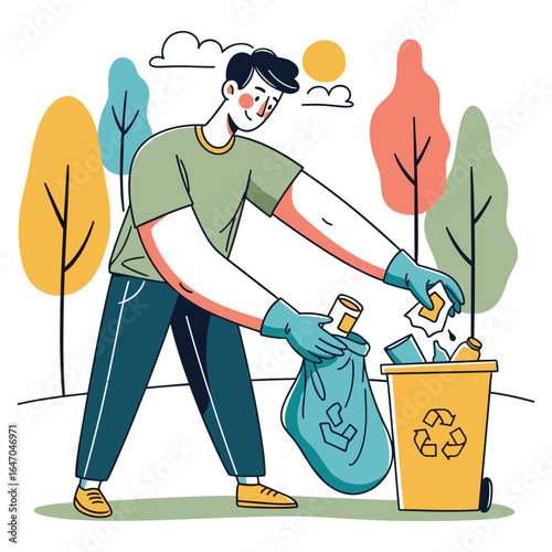 Young man volunteering to clean a park, collecting litter into a garbage bag and sorting waste into a recycling bin.
