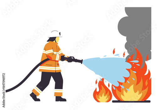 Firefighter Extinguishing Flames with Water Hose in Action