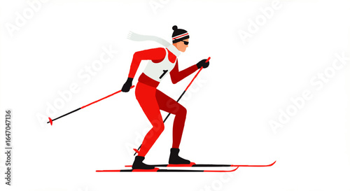 Male cross-country skier in red uniform with number one bib and white scarf, in motion.