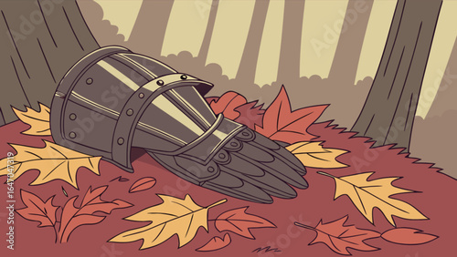 Lost knight gauntlet in autumn leaves illustration for medieval armor and fantasy concept art design style