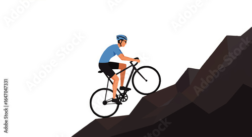 Male cyclist in blue shirt and helmet riding black bicycle uphill, flat vector illustration