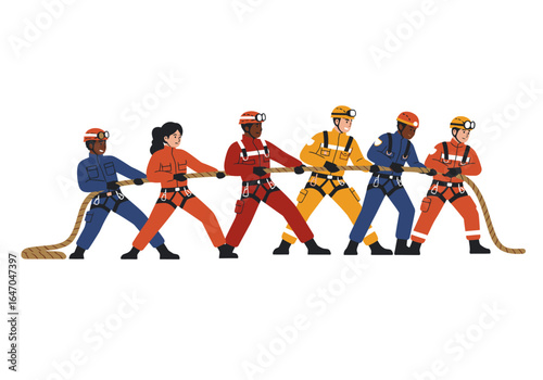 Diverse Team Pulling Rope Together in Uniforms and Helmets