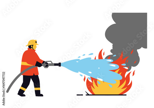 Firefighter Extinguishing Flames with Water Hose Illustration