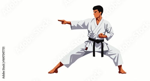 Male martial artist in a white gi and black belt performing a karate kata stance.
