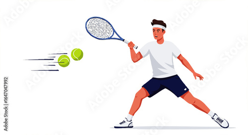 Male tennis player in a dynamic forehand swing, wearing a white headband and athletic attire, hitting a fast-moving ball with a blue racket.
