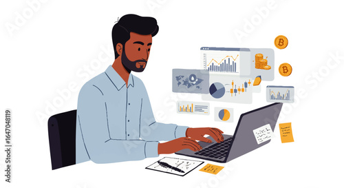 Man analyzing financial data and cryptocurrency charts on laptop