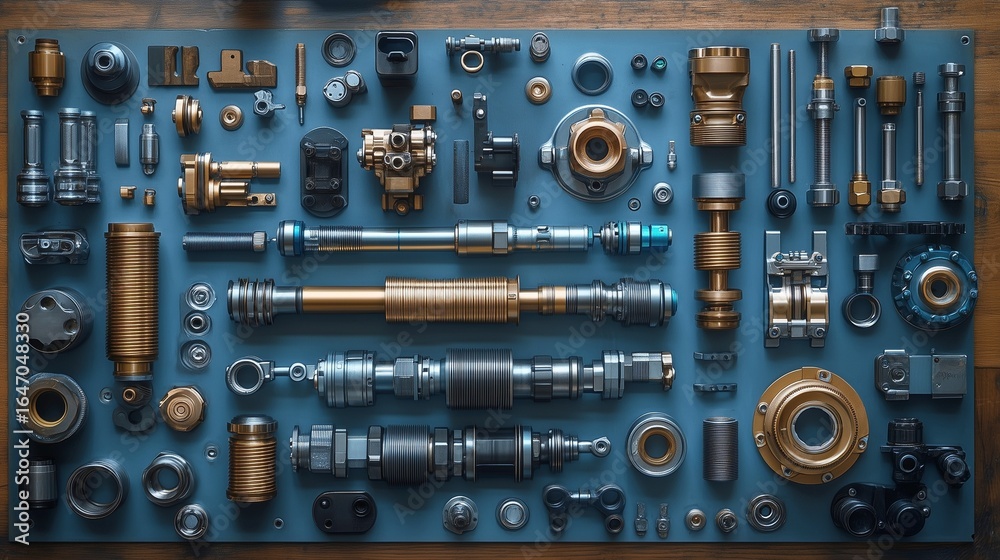 Fototapeta premium A collection of mechanical parts neatly arranged on a blue board showcasing precision engineering