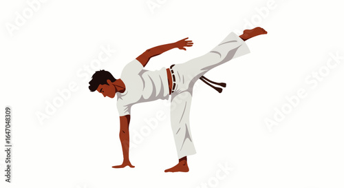 Man Performing Capoeira Kick, Dynamic Pose in White Uniform