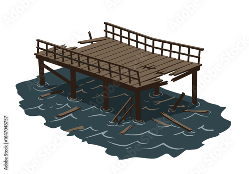 Dilapidated Wooden Pier Over Water with Missing Planks and Broken Railings