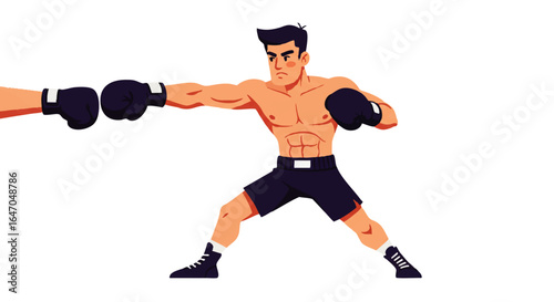 Muscular cartoon boxer with black hair and gloves throwing a punch in a dynamic fighting stance.