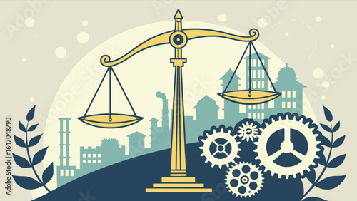 Scales of justice law legal system and industrial revolution concept vector illustration design art