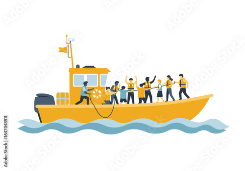 Yellow Rescue Boat with People Wearing Life Vests on Water