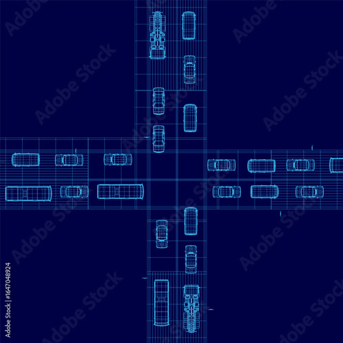 A detailed blueprint of a building features multiple cars and road layouts in wireframe style, showcasing the architectural design. The technical drawing highlights parking spaces, driveways. Top view