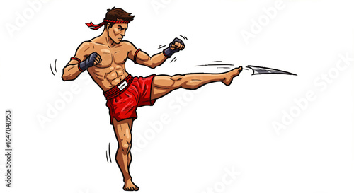 Muscular Muay Thai fighter illustration in a dynamic high kick pose, wearing red shorts and mongkhon.