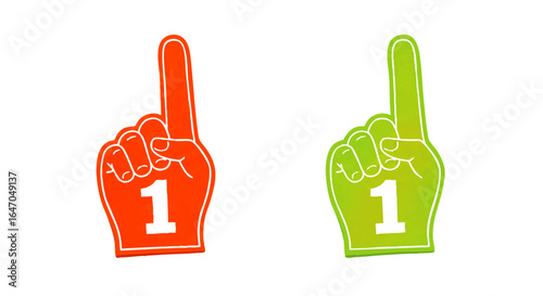 Pair of orange and green number one foam fingers with a textured, illustrated style.