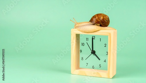 Snail on a Wooden Clock, Slow Time Concept, Mint Green Background