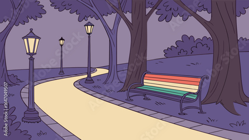 Night park scene illustration with bench lamps and trees for relaxation and peaceful evening walk concept