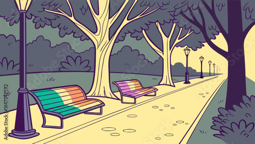 Park scene illustration with benches and streetlights for relaxation and outdoor recreation concept art