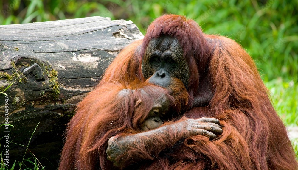 Naklejka premium Amazing moment in lush rainforest, mother orangutan with baby sitting beside large log tree, surrounded by vibrant greenery, tall trees, and soft sunlight filtering through canopy