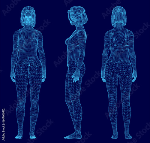 A 3D wireframe of a woman's body features interconnected shapes and lines forming a realistic figure. The blue background highlights the intricate digital mesh structure.