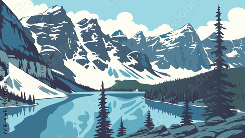 Mountain lake landscape vector illustration perfect for nature and travel themed designs and backgrounds