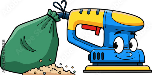 Cheerful Cartoon Sander with Dust Bag and Debris