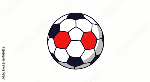 Stylized cartoon soccer ball with a unique red, white, and dark blue hexagonal pattern.